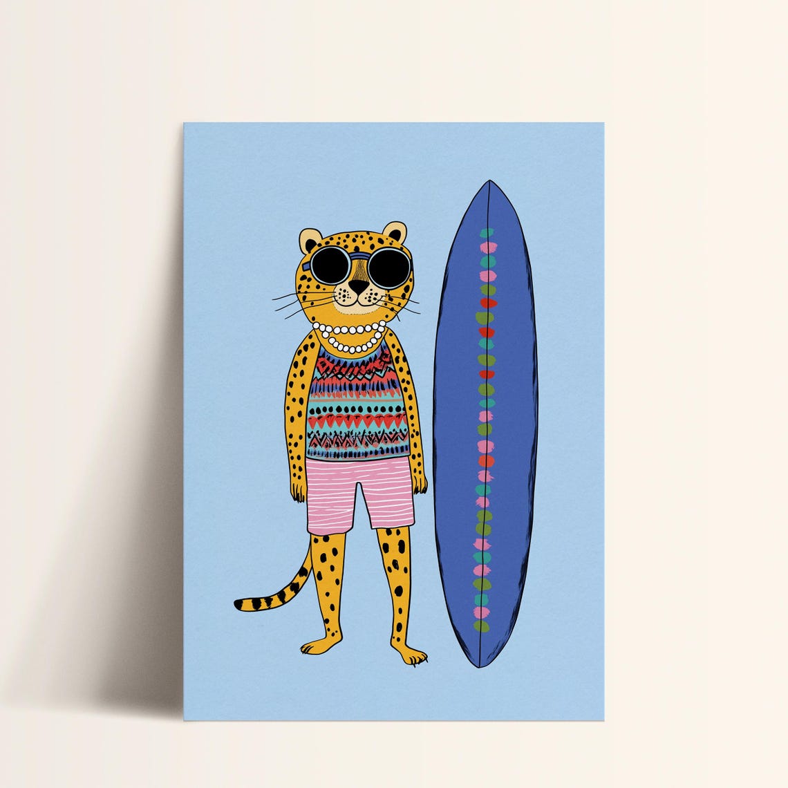 Surfing Leopard With Sunglasses Blue Surfboard Kids Art Print - Image 4