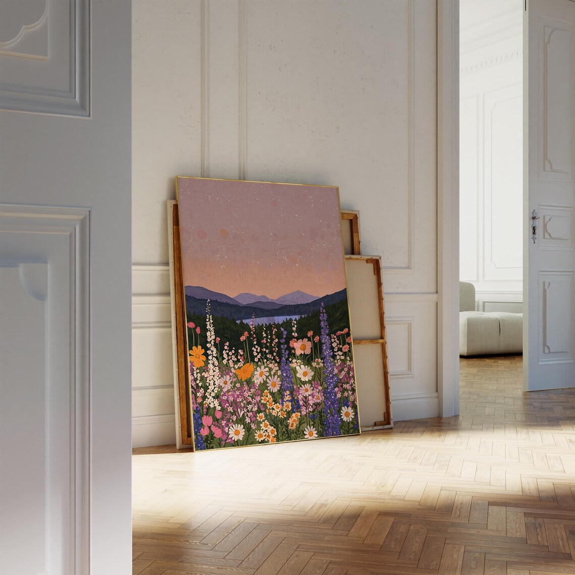 Daisy and Lupine Meadow by a Mountain Lake Under a Pink Sky Art Poster - Image 2