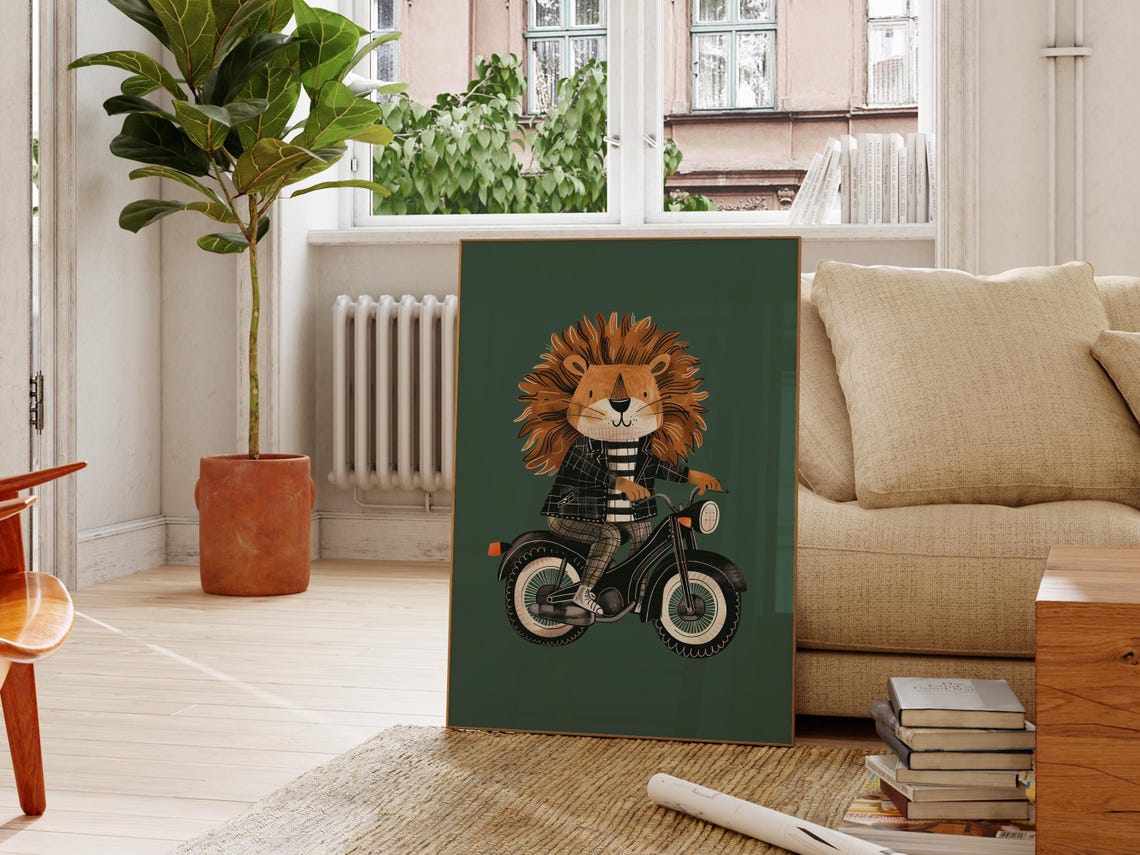 Cool Lion Riding a Motorcycle in Leather Jacket Fun Kids Animal Poster - Image 2
