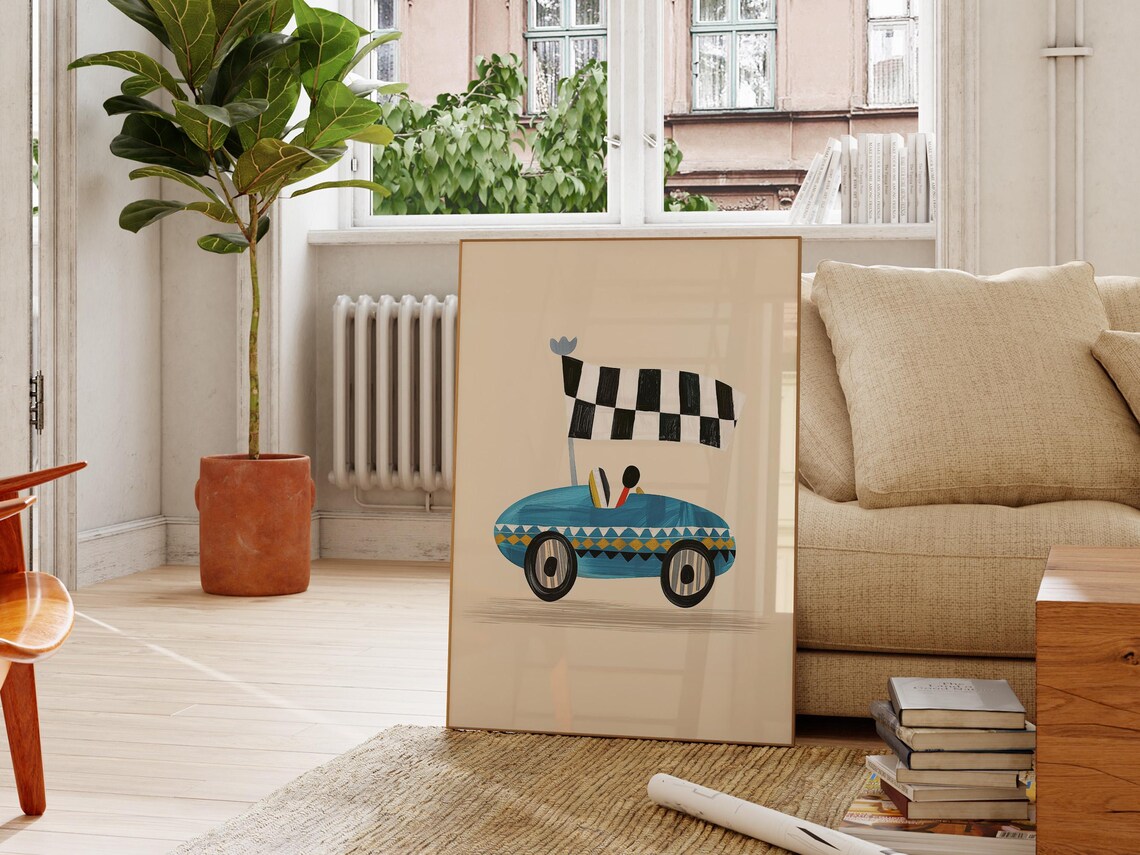 Race Car Art Poster for Boys Room with Checkered Flag Style Decor