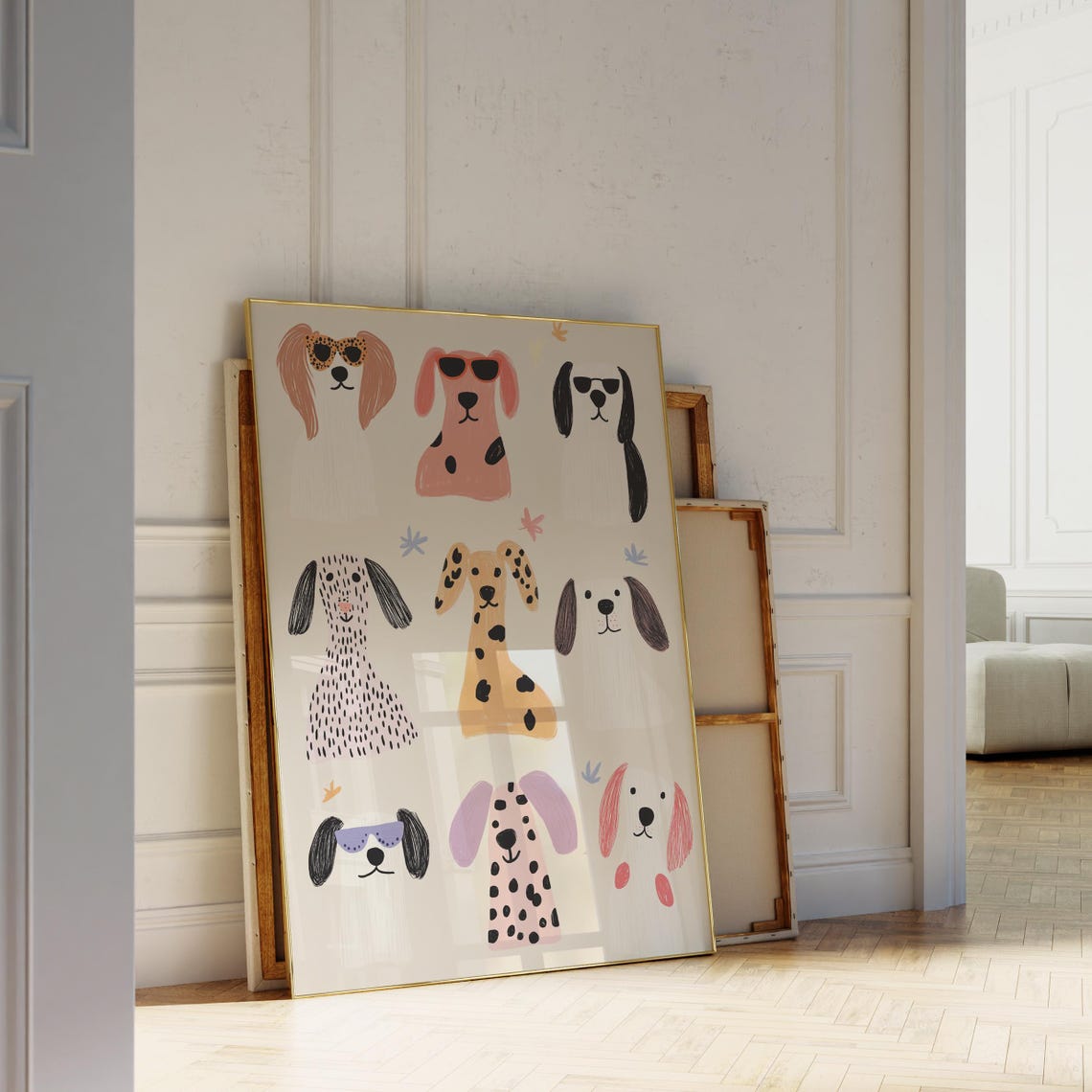 Nine Whimsical Dog Faces Sunglasses Spotted Cream Kids Wall Art Poster - Image 3