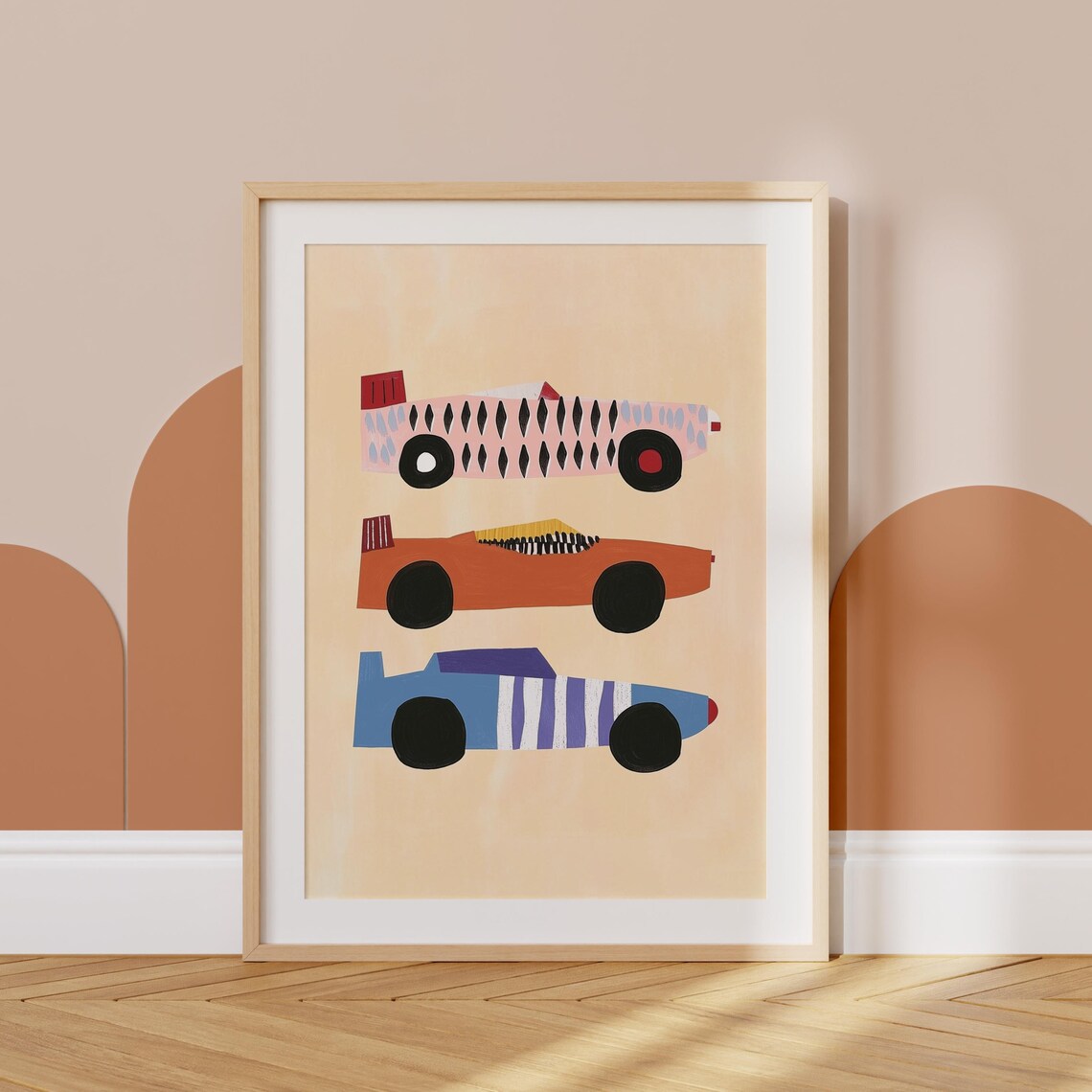 Race Car Print Three Colorful Retro Cars Cream Boys Room Wall Poster - Image 3