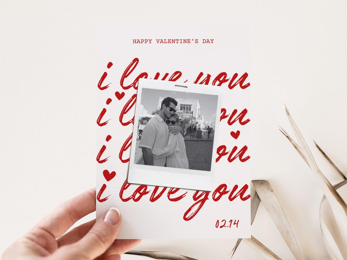 Valentine Photo Card I Love You Red Script Custom Date Romantic Print - Image 2
