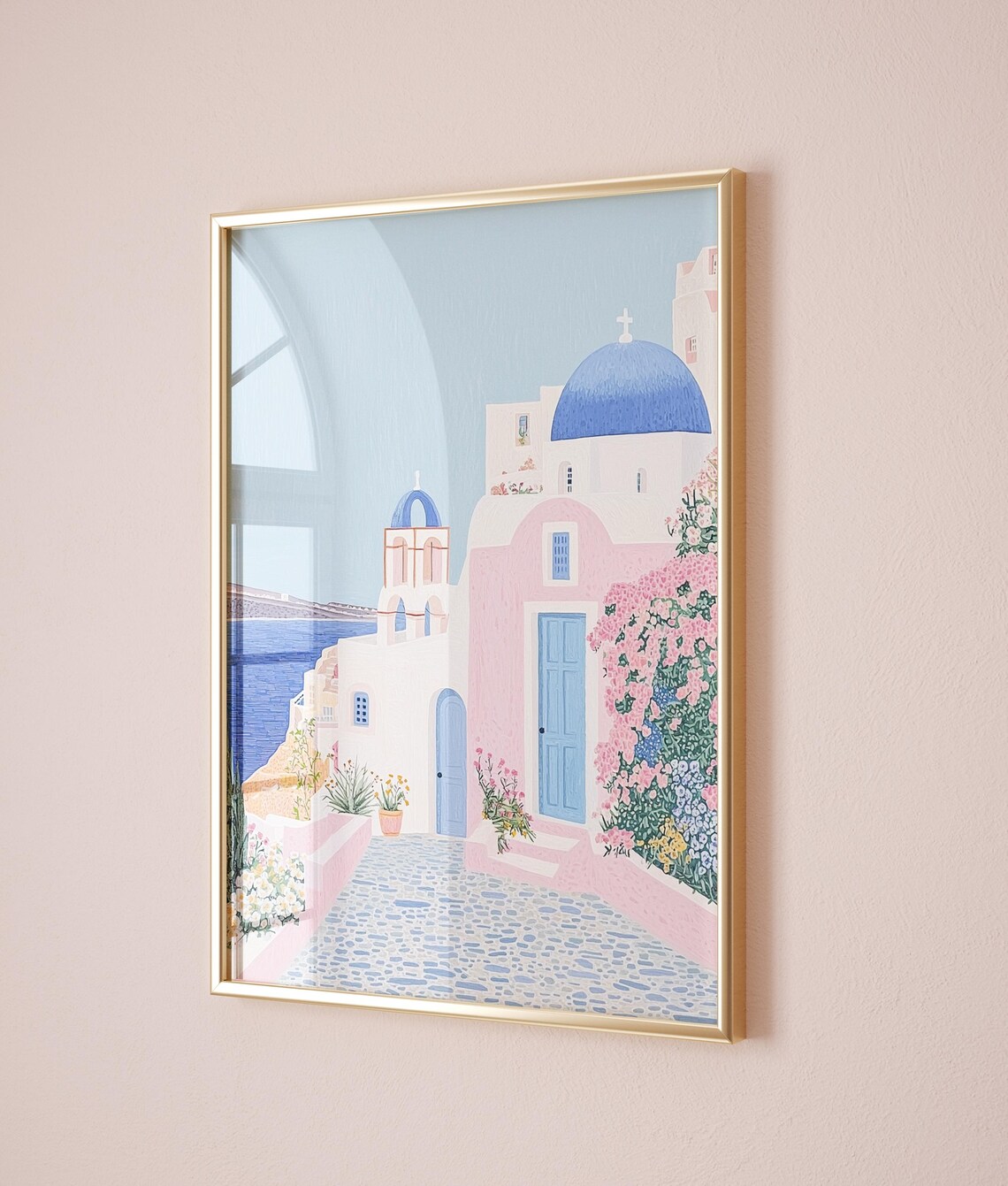 Santorini Blue Dome Greek Island Pink Path Flowers Sea View Poster - Image 2