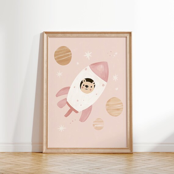 Cute Pink Rocket Ship Bear Astronaut Space Nursery Kids Wall Art