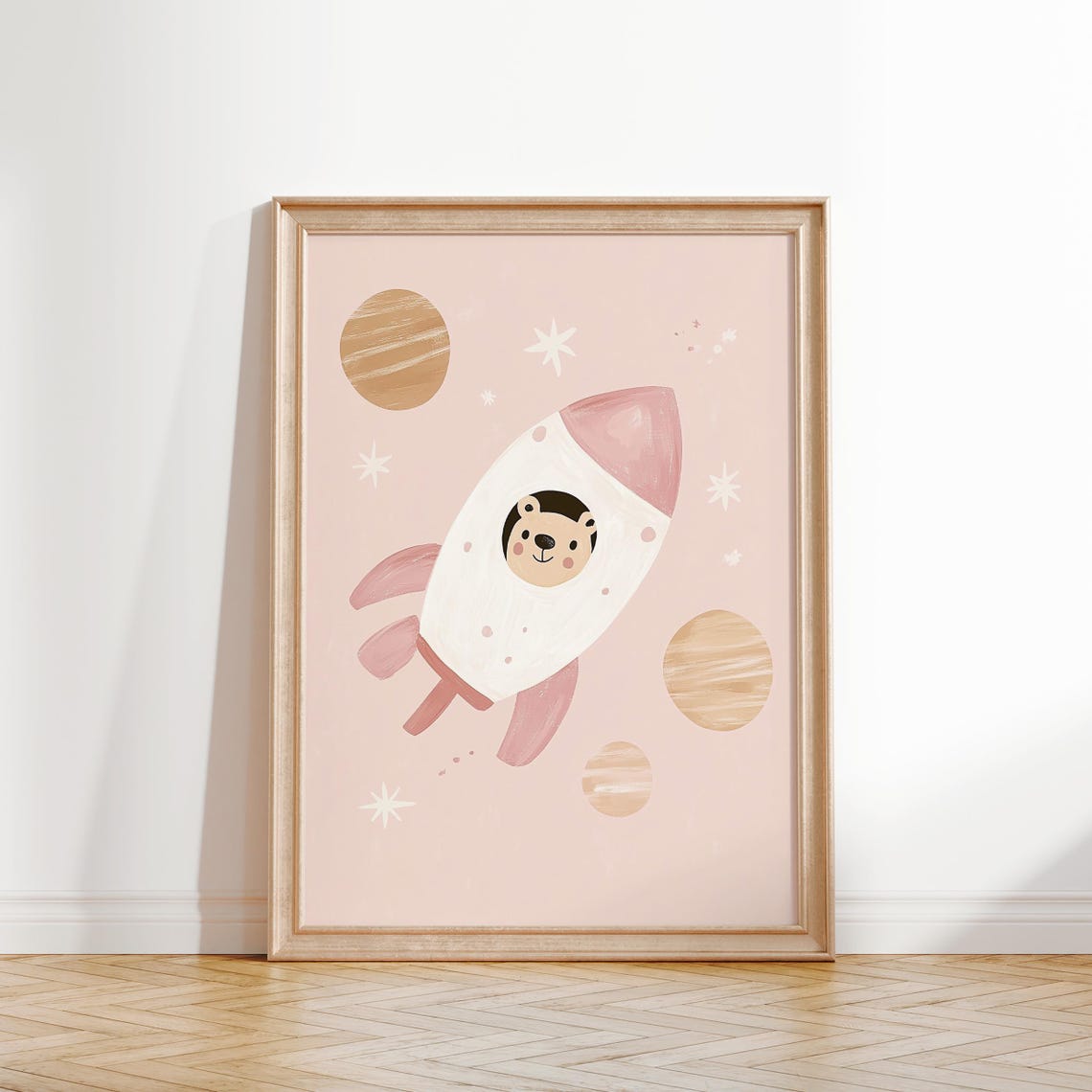 Rocket Ship Space Print Nursery Wall Art Boys Room Decor Outer Space Theme Pink Kids Room Poster Whimsical Rocket Illustration