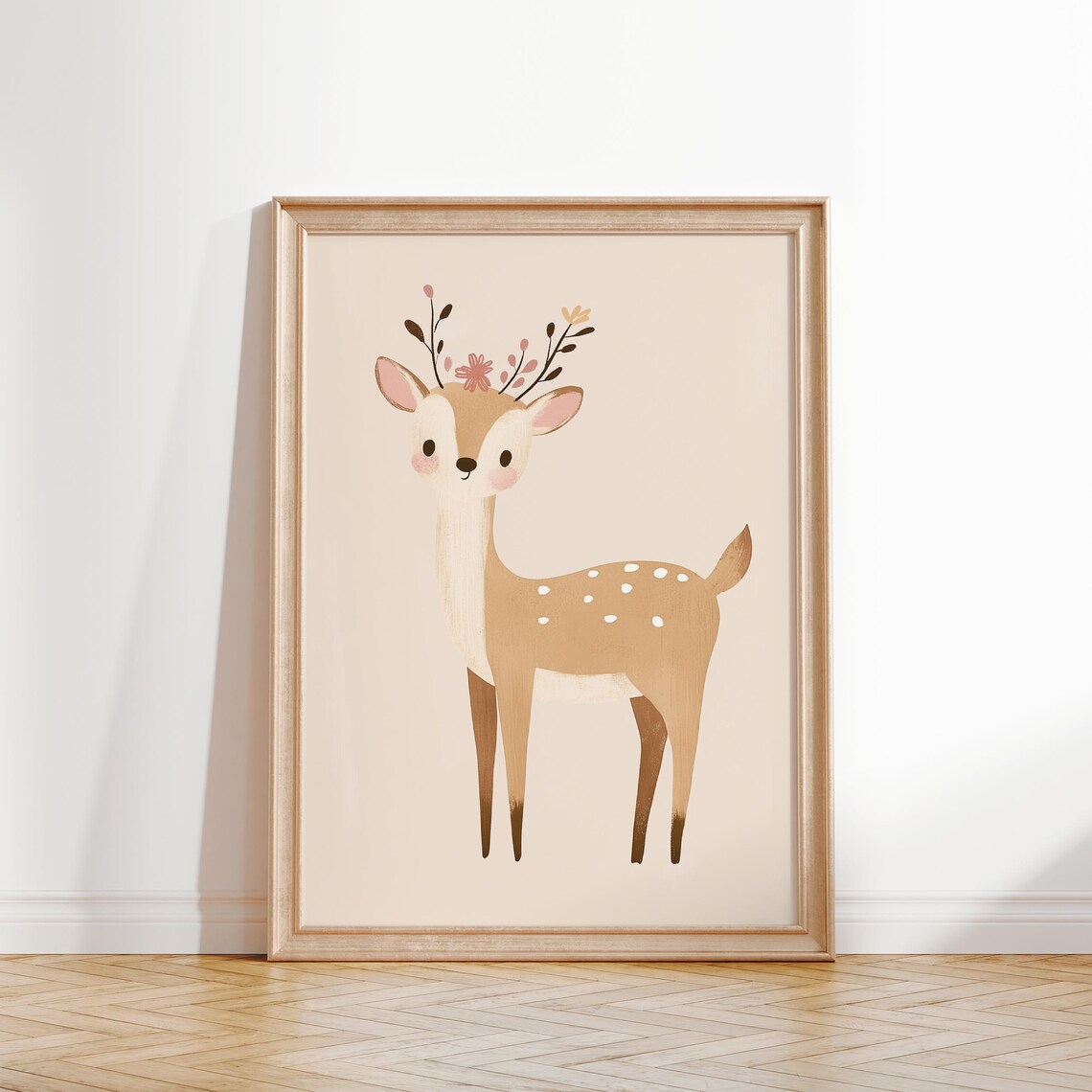 Baby Fawn Floral Antlers Watercolor Woodland Nursery Kids Wall Art