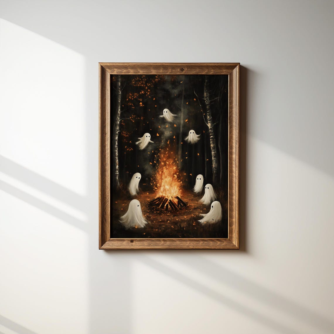 Seven Cute Ghosts Gathered Around a Cozy Campfire in Dark Woods Poster