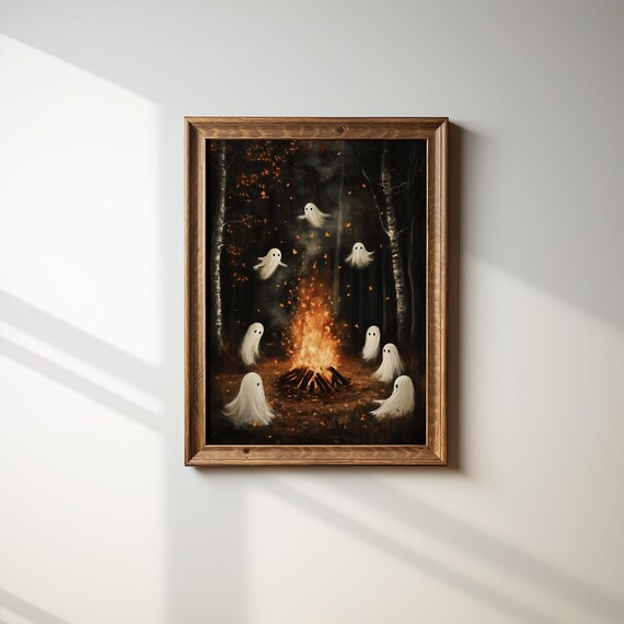 Seven Cute Ghosts Gathered Around a Cozy Campfire in Dark Woods Poster