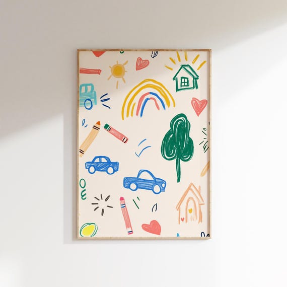 Doodle Crayon Wall Art Kids Drawing Print Colorful Rainbow Nursery Decor Playroom Art Childrens Room Illustration