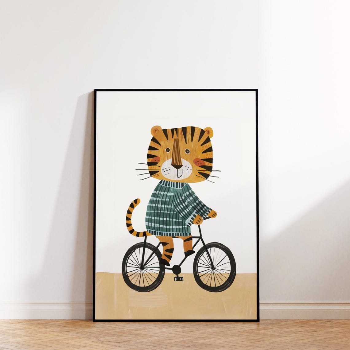 Cute Tiger Riding Bicycle Green Sweater Kids Room Nursery Theme Poster - Image 2