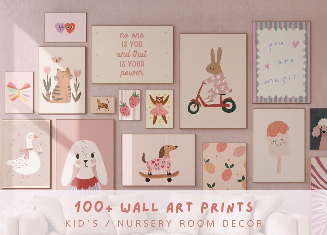 Kids Room Prints Girl Bundle Of 100 Pink Wall Prints Toddler Room Art Girls Nursery Wall Art Playful Animal Prints - Image 6