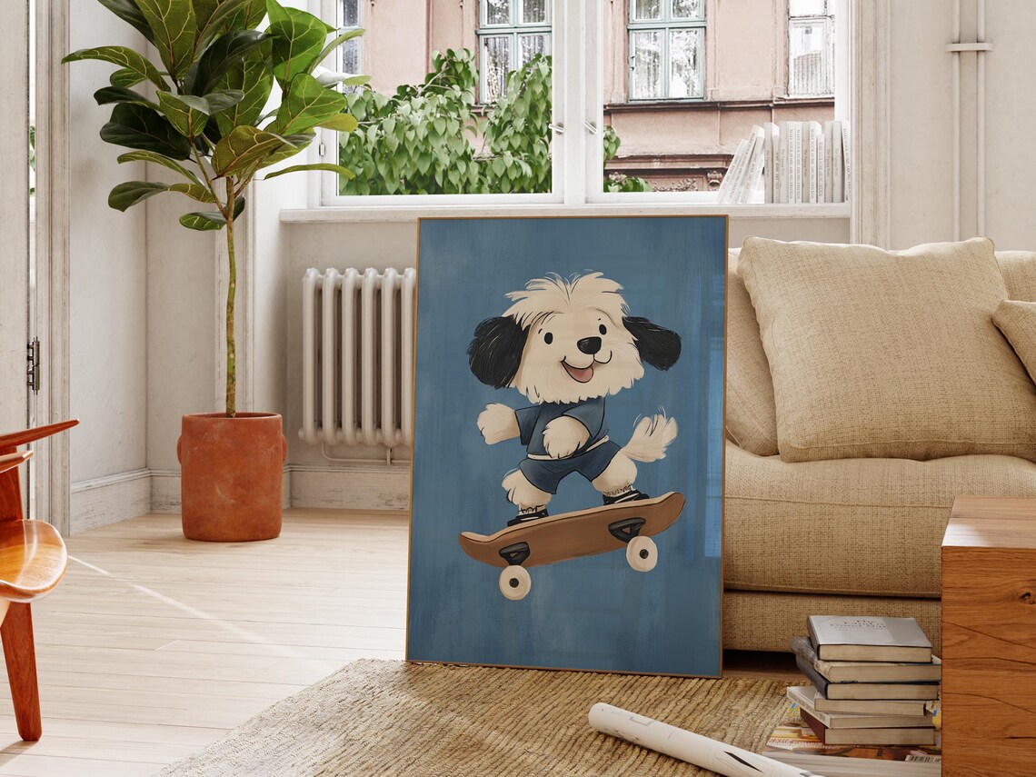 Skateboarding Puppy Dog Cartoon Rider Playful Nursery Kids Poster