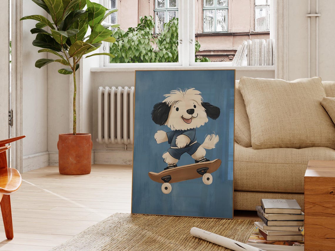 Skateboarding Puppy Nursery Art Playful Dog Kids Room Decor Baby Room Wall Art Boys Nursery Print Baby Shower Gift Dog Print