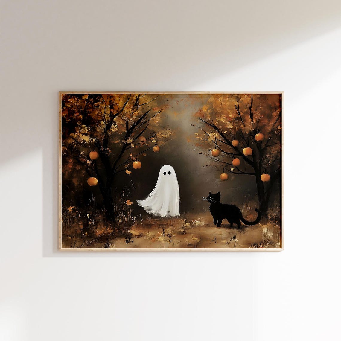 Ghost And Black Cat Under Golden Orchard Trees Autumn Fall Poster