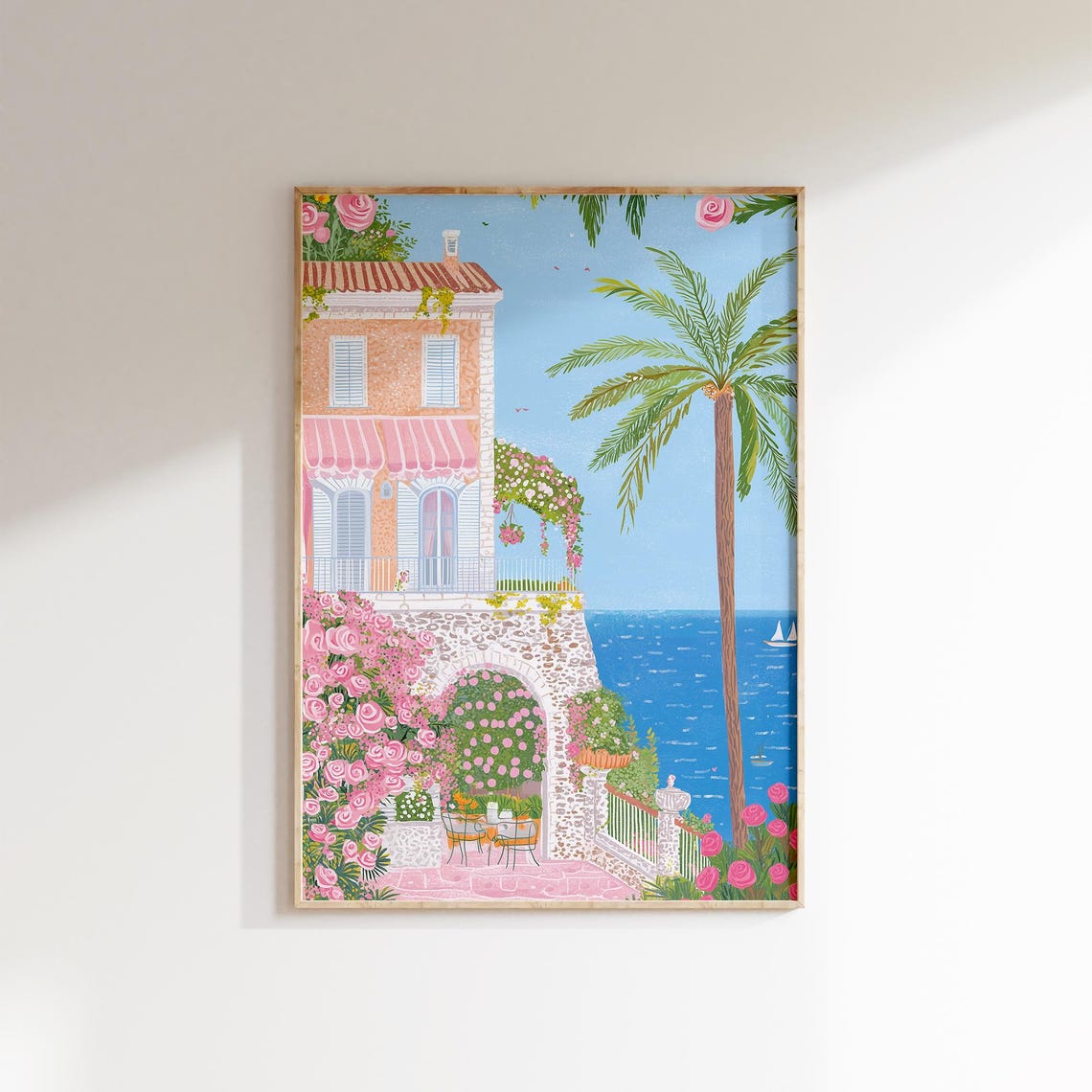 Italian Riviera Art Portofino Print Mediterranean Sea Pink Rose Garden Coastal Folk Art Style Summer Travel Decor - Image 3