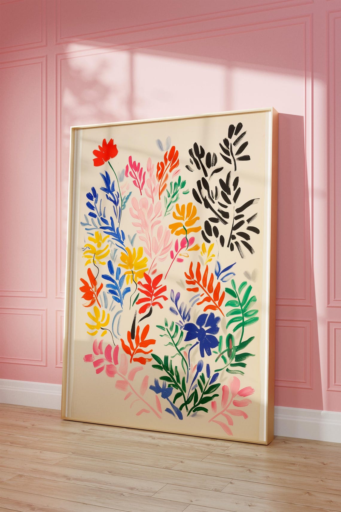 Colorful Floral Botanical Art Poster in Maximalist Style on Cream