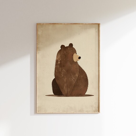Woodland Bear Art Poster for Nursery in Warm Vintage Room Style