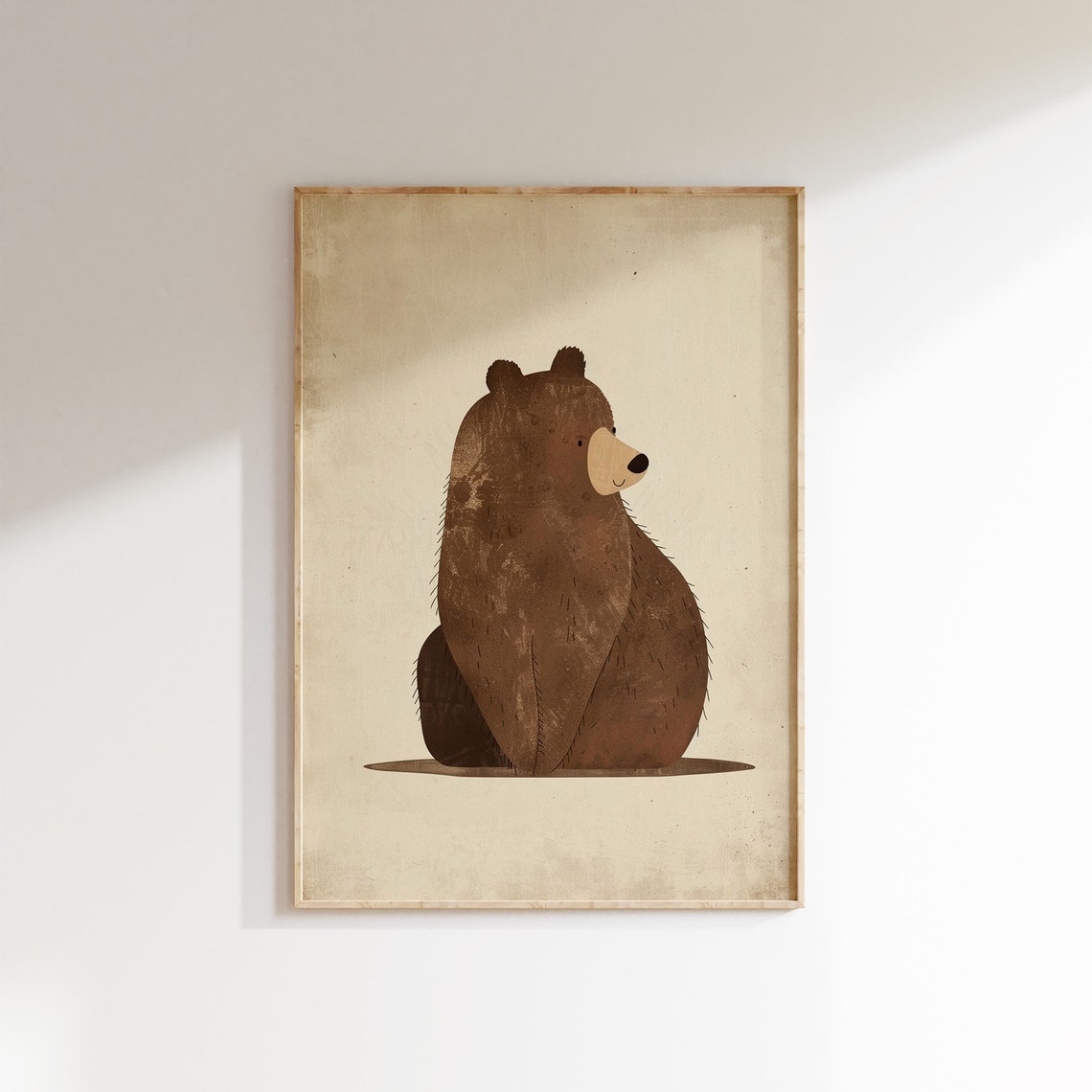 Woodland Bear Art Poster for Nursery in Warm Vintage Room Style