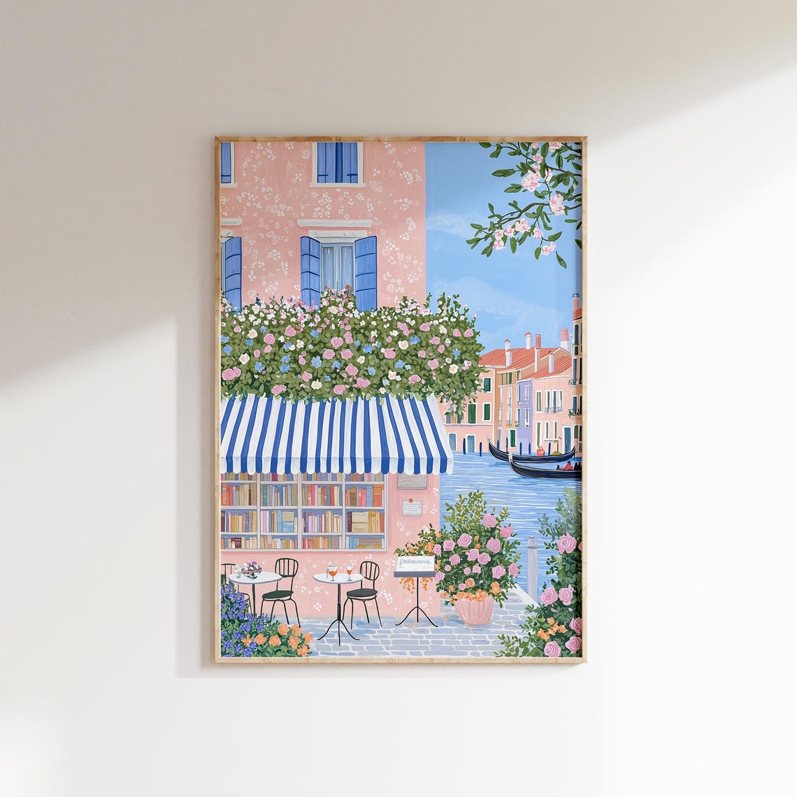 Venice Canal Bookshop Gondolas Italian Floral Folk Art Poster Decor - Image 2