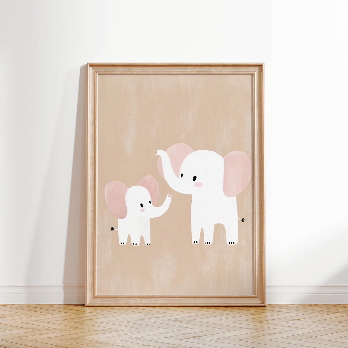 Mother Baby Elephant Watercolor White Pink Nursery Kids Room Wall Art