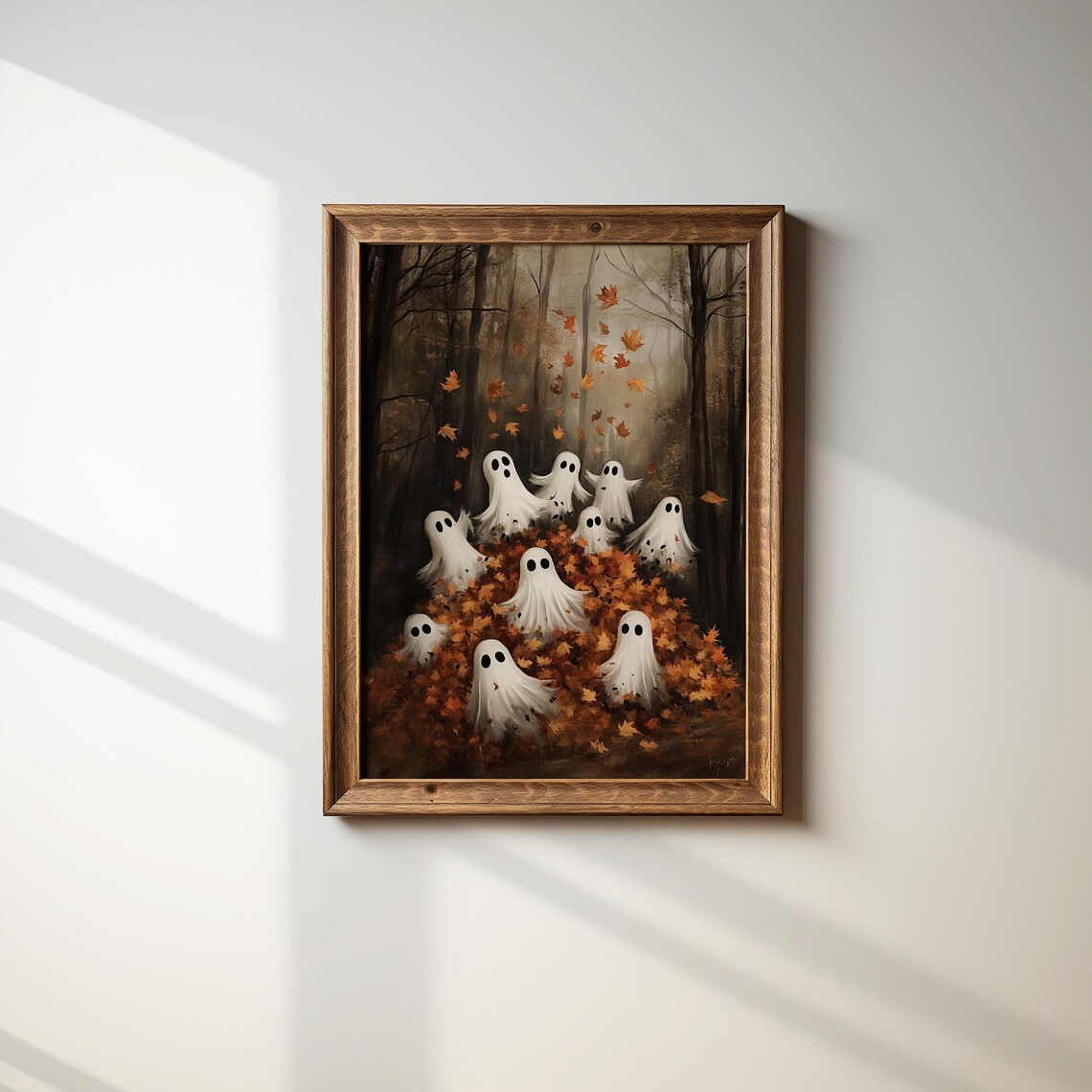 Ten Tiny Ghosts Playing in a Pile of Golden Autumn Leaves Fall Art Poster