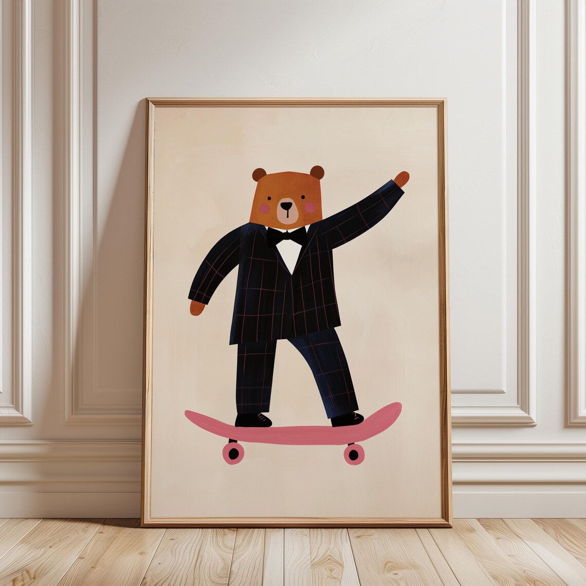 Dapper Bear Bow Tie Tuxedo Pink Skateboard Cute Nursery Wall Art Print - Image 2