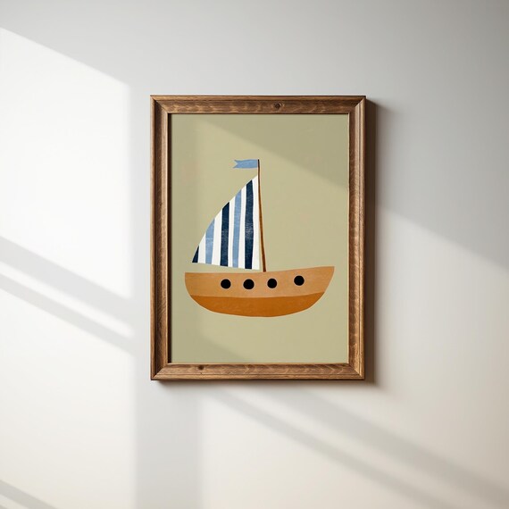 Striped Sail Sailboat Orange Hull Nautical Nursery Kids Room Poster