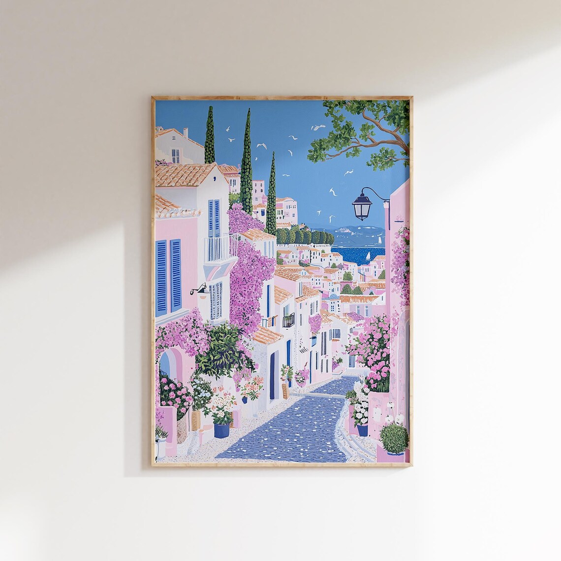 Greek Coastal Village Street Pink Bougainvillea Blue Shutters Poster