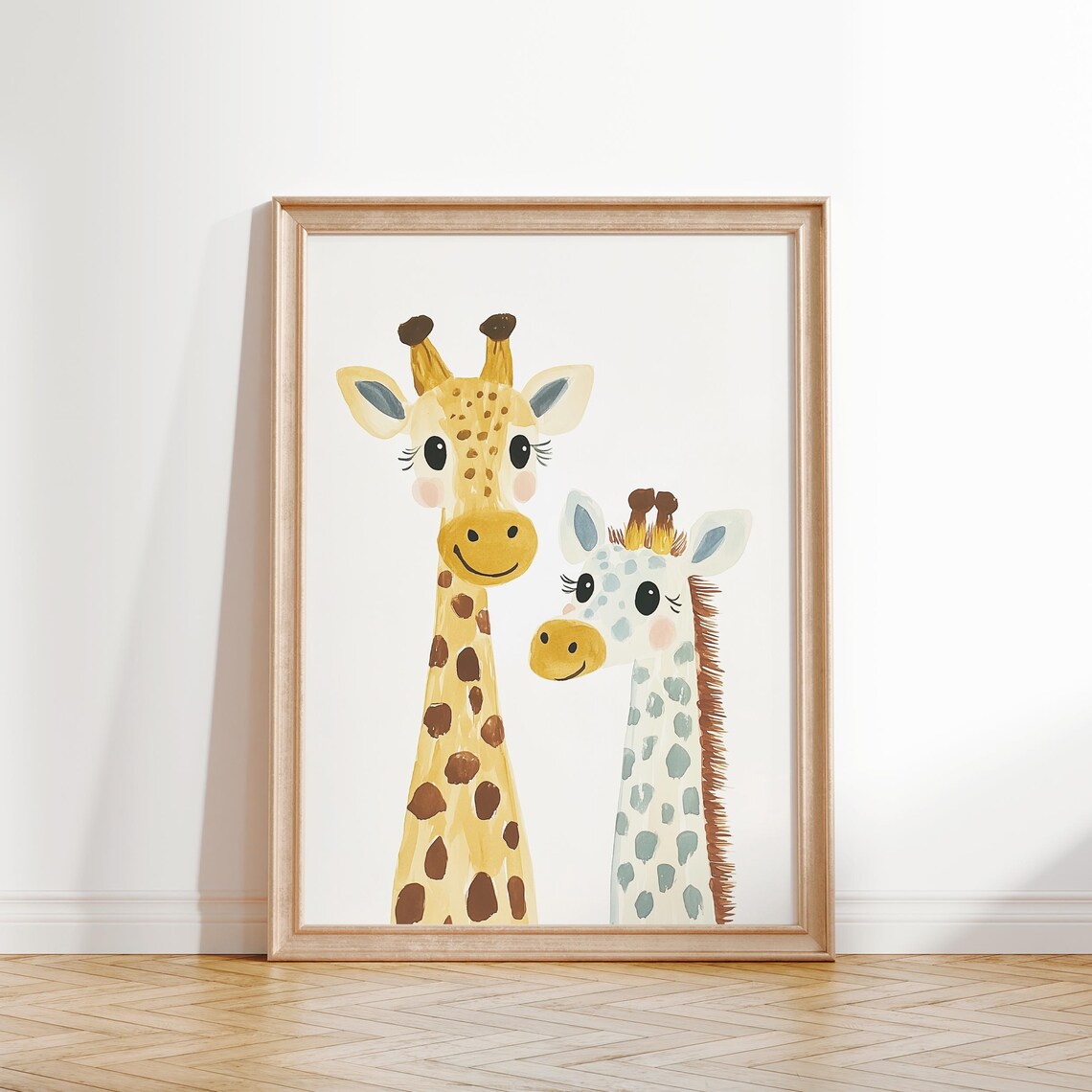 Two Smiling Watercolor Giraffes Nursery Animal Portrait Print - Image 2