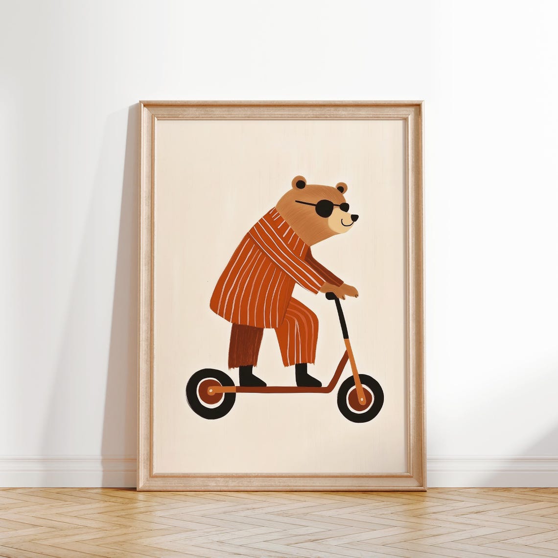 Bear In Striped Pajamas Riding Red Scooter Nursery Kids Animal Poster - Image 2