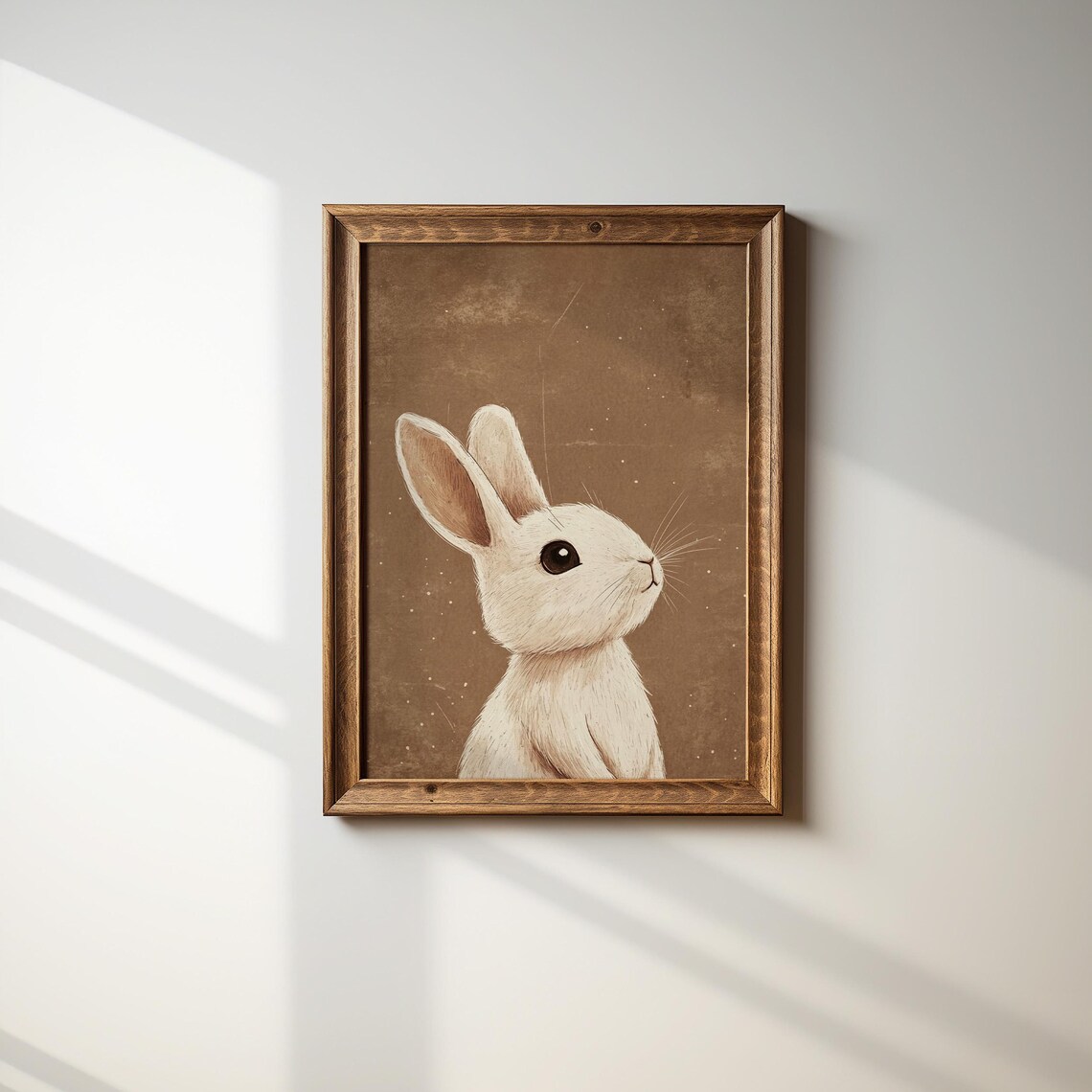 White Bunny Vintage Brown Background Kids Room Print Nursery Rabbit Art