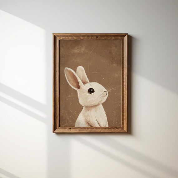 White Bunny Vintage Brown Background Kids Room Print Nursery Rabbit Art