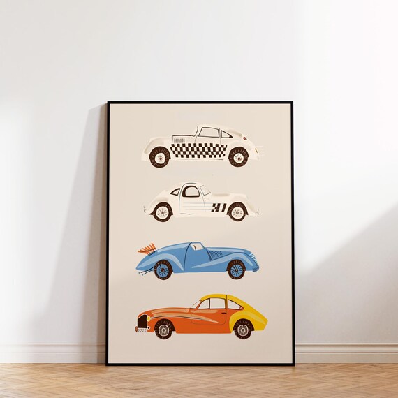 Four Classic Race Cars Kids Room Print Vintage Boys Car Wall Decor Art