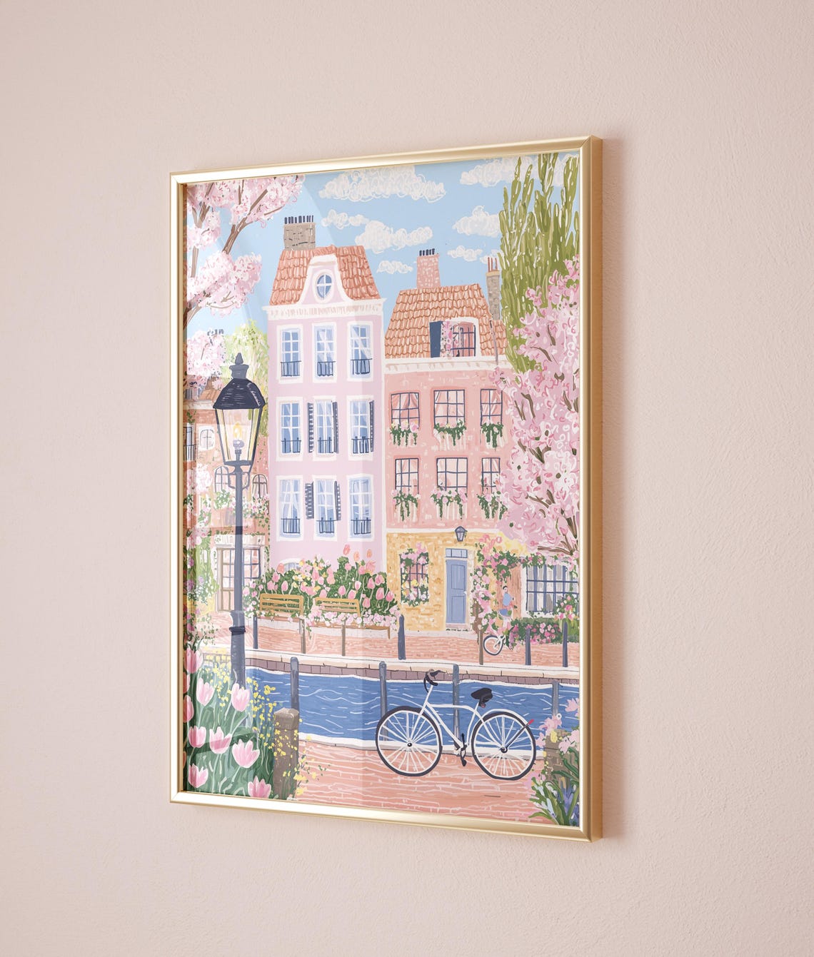 Amsterdam Spring Canal Houses Bicycle Tulips Lamppost Poster - Image 2
