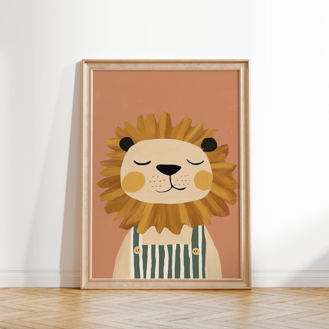 Happy Smiling Lion in Striped Overalls Nursery Kids Room Wall Art - Image 2