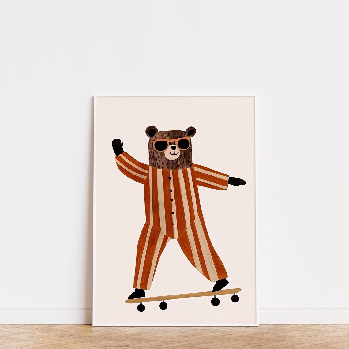 Skateboarding Bear Sunglasses Striped Pajamas Whimsical Nursery Wall Art - Image 3