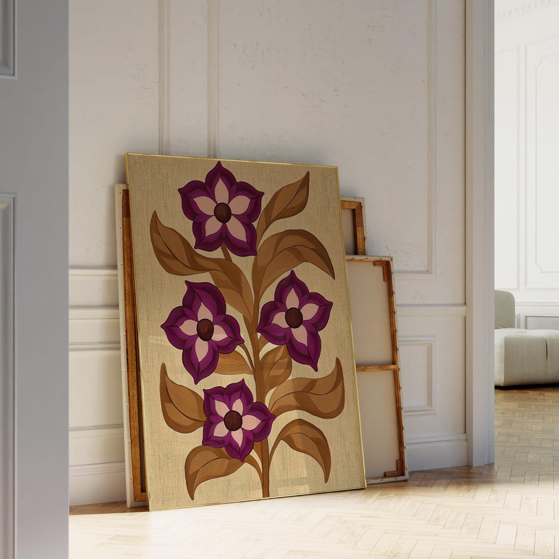 Retro Purple Flower Botanical Print Mid Century Brown Leaf Wall Art - Image 5