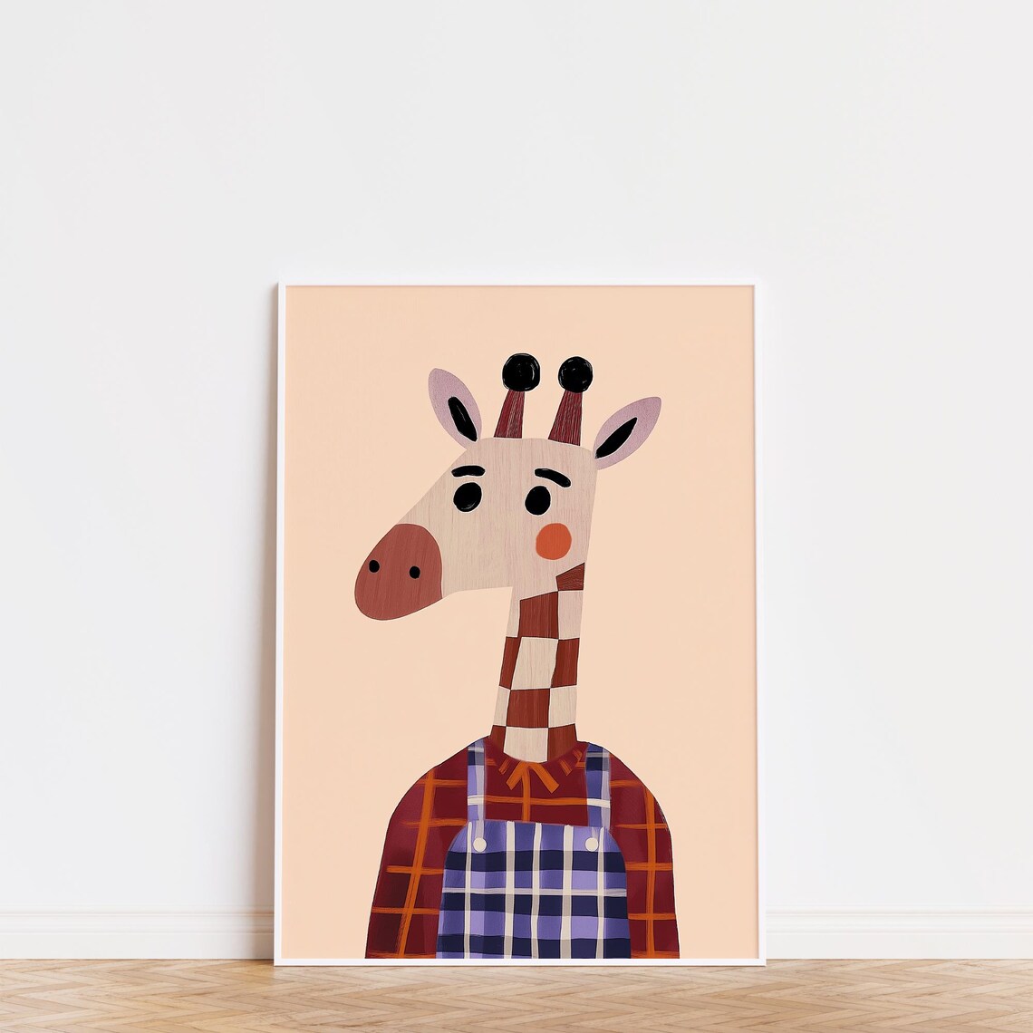 Cute Giraffe Blue Plaid Overalls Rust Shirt Safari Nursery Wall Art Print - Image 3
