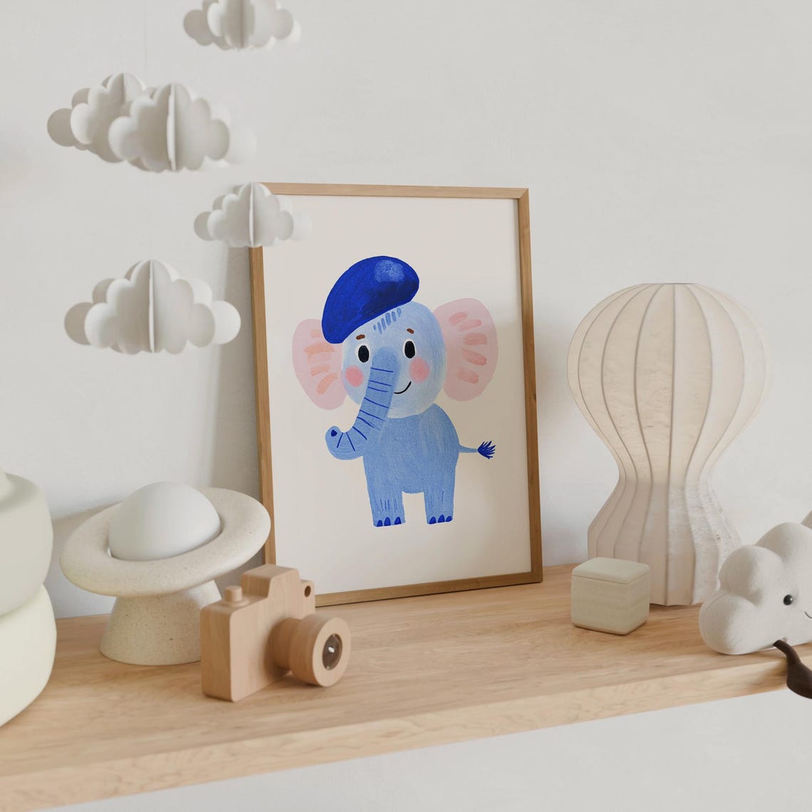 Adorable Baby Blue Elephant with Hat Nursery Kids Room Wall Art