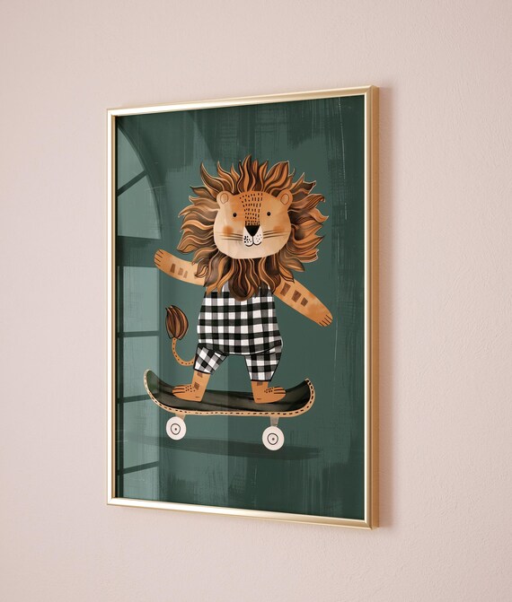 Lion On Skateboard In Plaid Outfit Cute Kids Room Nursery Animal Poster