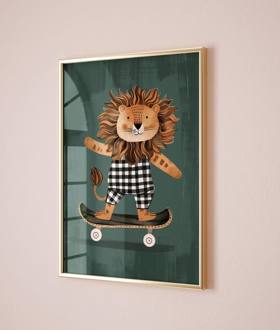 Lion Skateboard Wall Art Playful Animal Nursery Print Kids Room Decor Boys Room Lion Poster Gender Neutral Playroom Art Toddler Decor