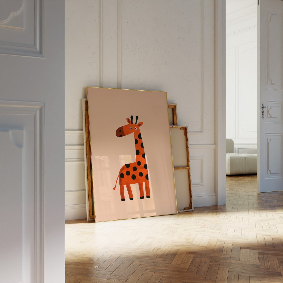 Orange Giraffe with Black Spots Illustration Peach Nursery Art Poster - Image 2