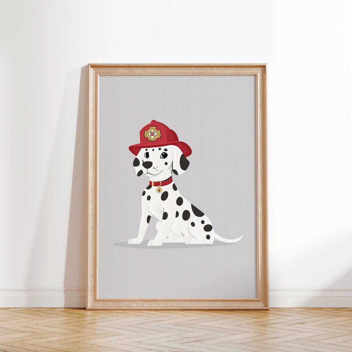 Dalmatian Puppy Wearing Firefighter Helmet Gray Nursery Kids Room Poster - Image 2
