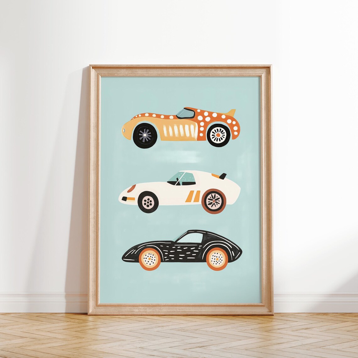 Retro Race Car Trio Polka Dot Boys Room Nursery Cars Poster Decor - Image 2