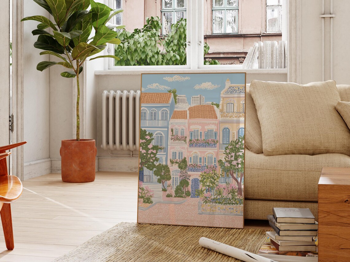 Lisbon Pastel Buildings Cobblestone Blossom Street Portugal Poster - Image 2