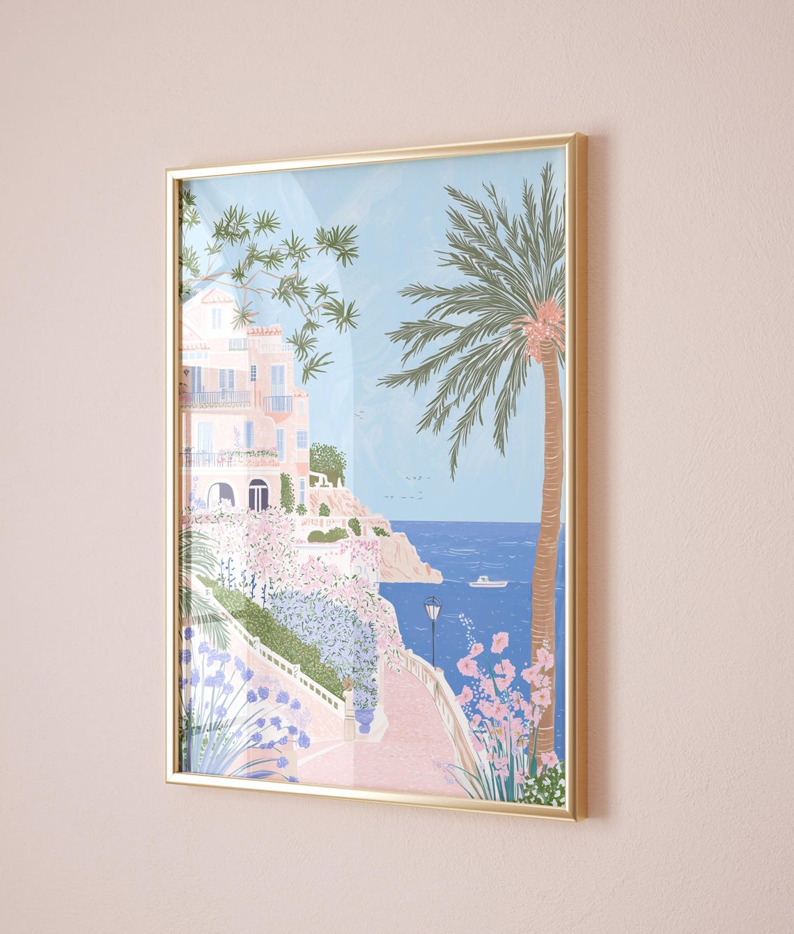 Pink Italian Coastal Villa Cliffside Garden Sea View Spring Poster - Image 5