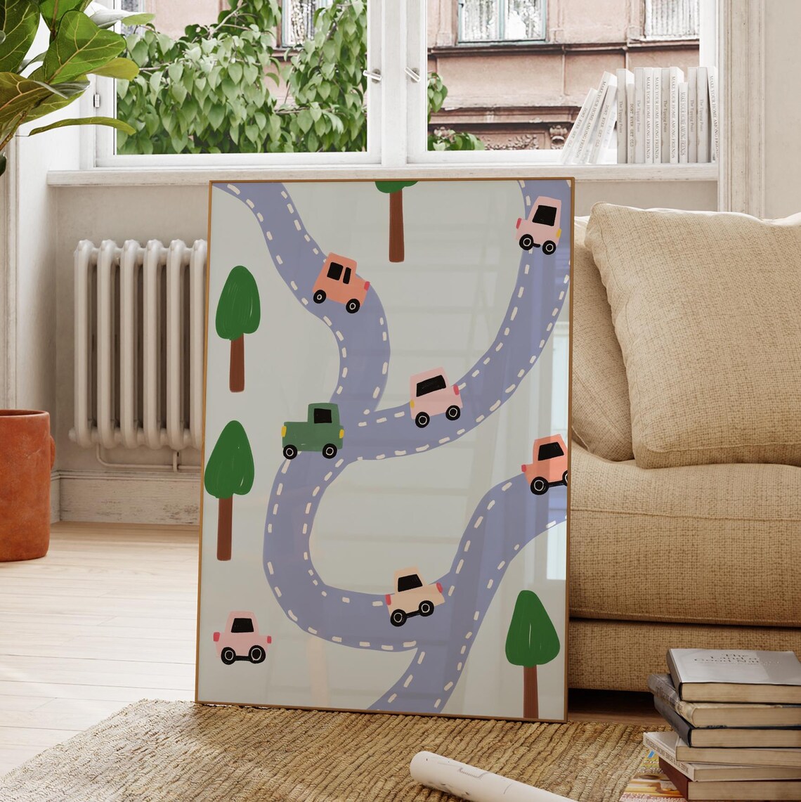 Car Road Map Print Winding Purple Roads Colorful Cars Kids Room Poster - Image 4