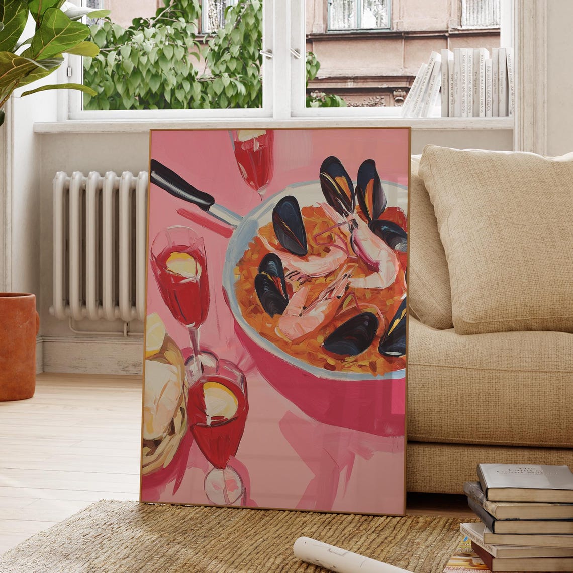 Spanish Seafood Paella Pan Mussels Prawns Pink Kitchen Art Poster