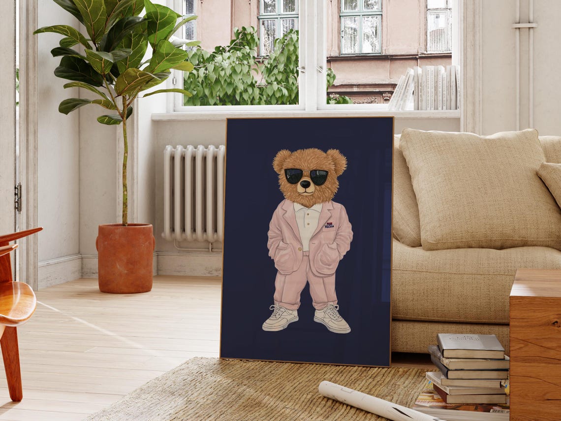 Teddy Bear In Pink Suit And Sunglasses Preppy Nursery Decor Poster - Image 2